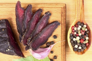 Dried beef meat still life. Beer set