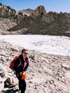 Valerie Orsoni at Iceberg Lake - mountain climbing